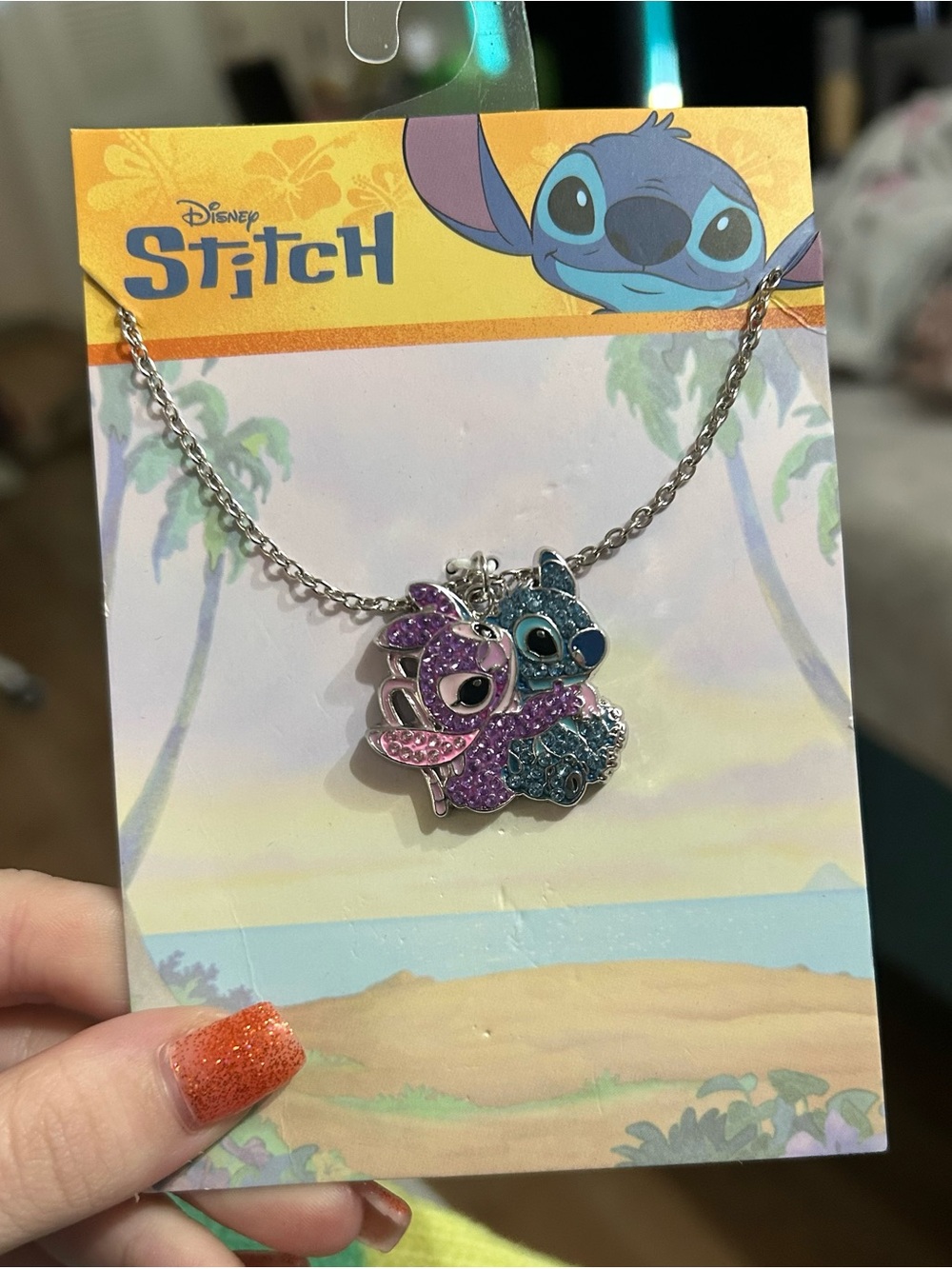 Disney Stitch & Angel Glitter Pendant Necklace - Purple & Blue